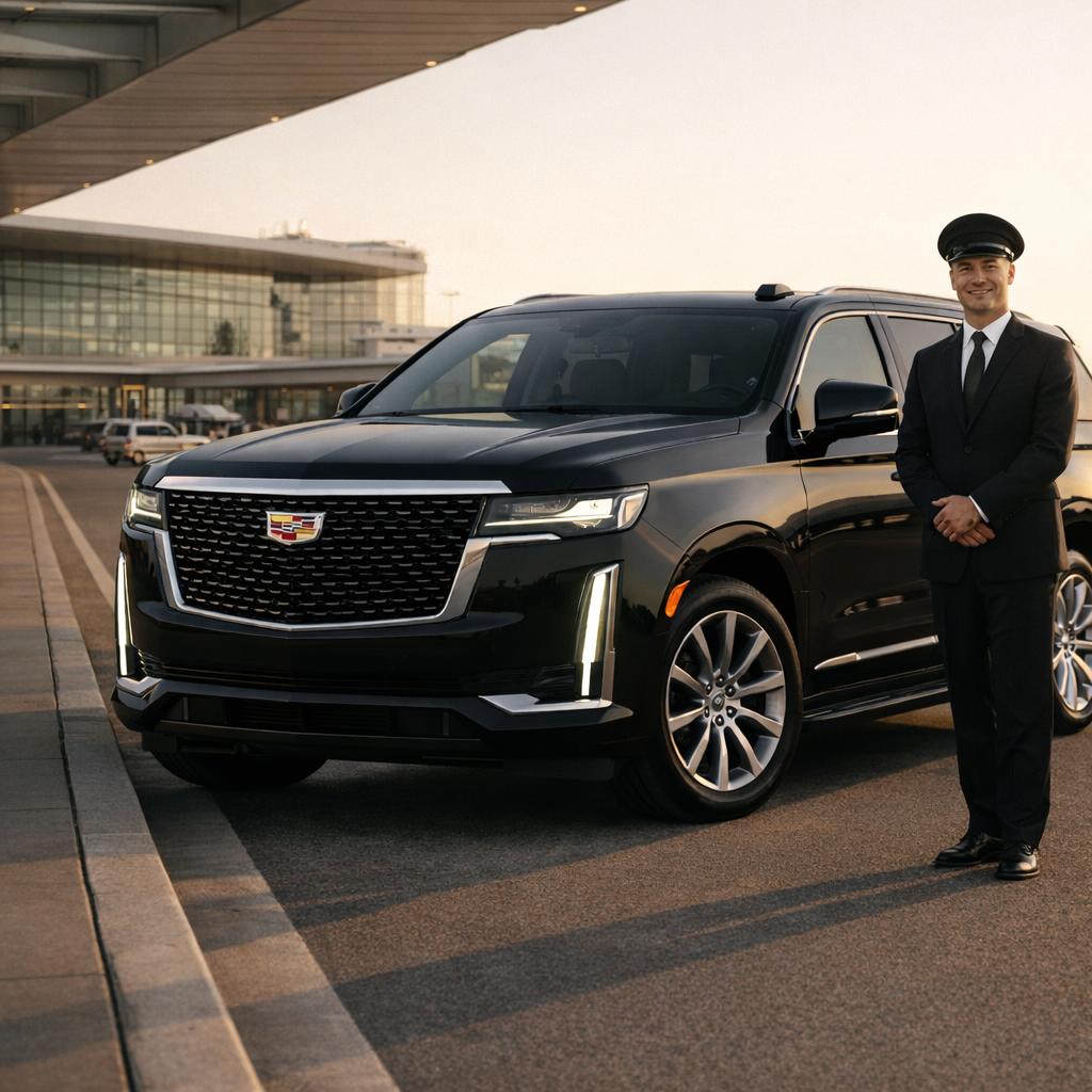 Luxury airport transportation Los Angeles with black Cadillac Escalade at LAX
