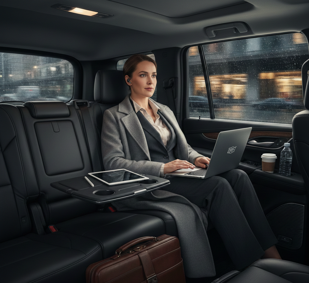Business woman sitting in Luxury Black Car Service in Orange County