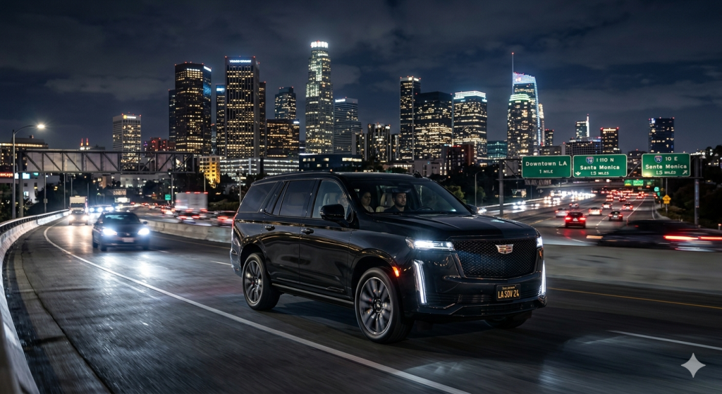 Luxury black SUV night transportation service in Los Angeles city